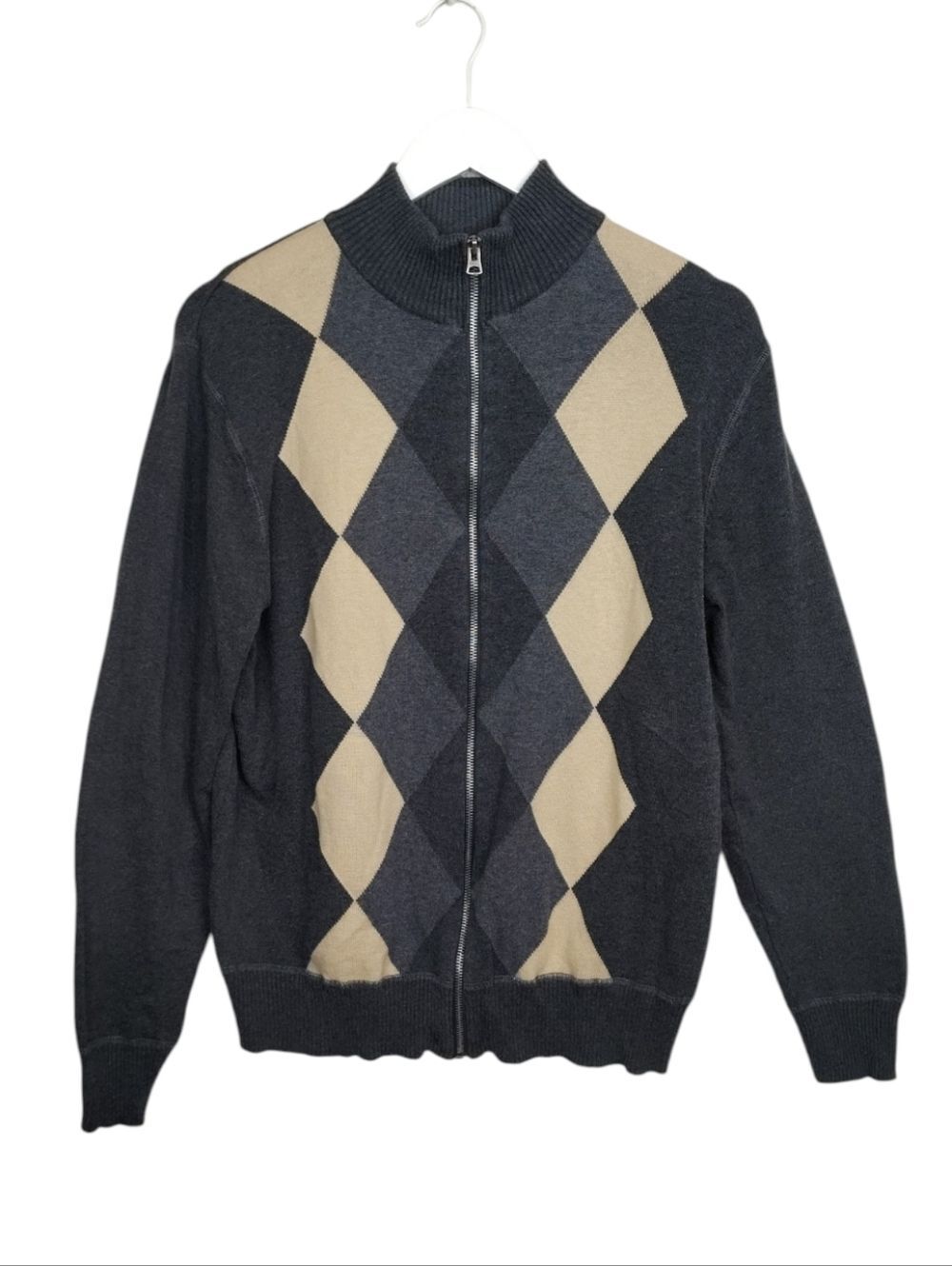 Dockers Men's Argyle Full-Zip Sweater Gray Tan Diamonds Size Large